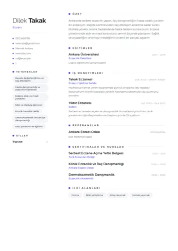 Eczacı CV Örnekleri cv indir